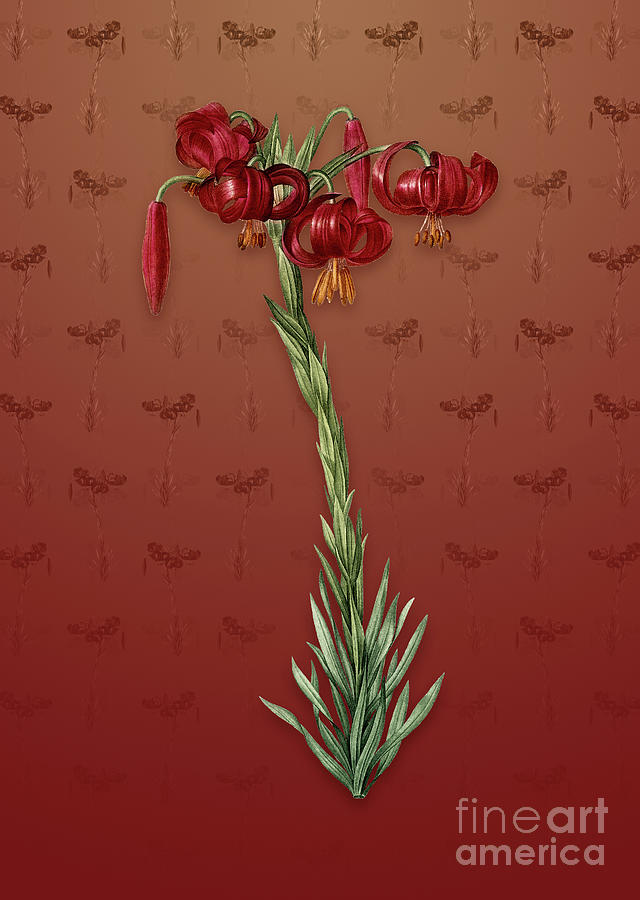 Vintage Lily Botanical Art On Falu Red Pattern N.0137 Mixed Media