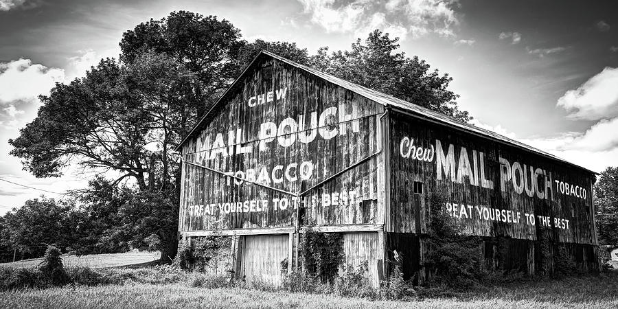Black And White Photograph - Vintage Mail Pouch Tobacco Barn Panorama - Black and White by Gregory Ballos
