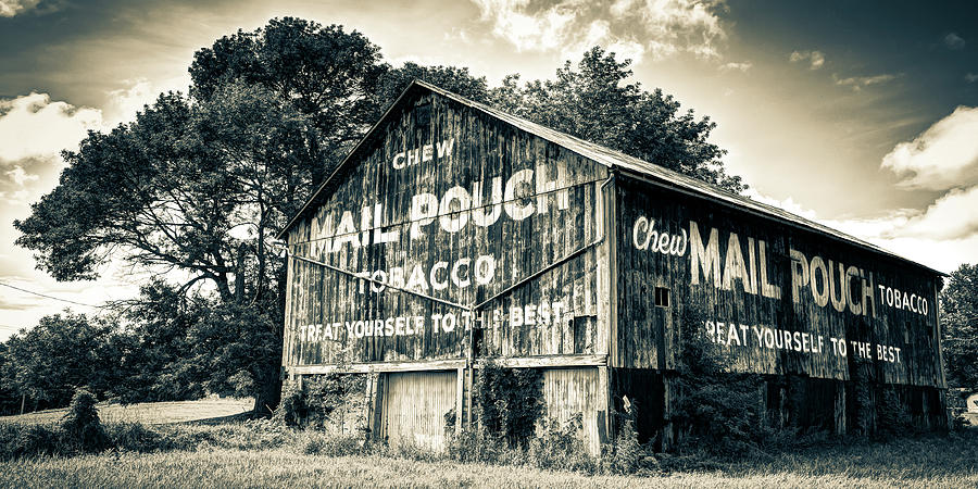 Landscape Photograph - Vintage Mail Pouch Tobacco Barn Panorama - Sepia Monochrome by Gregory Ballos