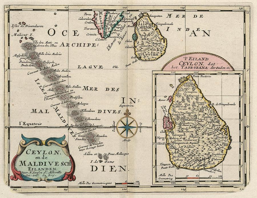 Vintage Maldives and Sri Lanka Map 1705 Drawing by Adam Shaw