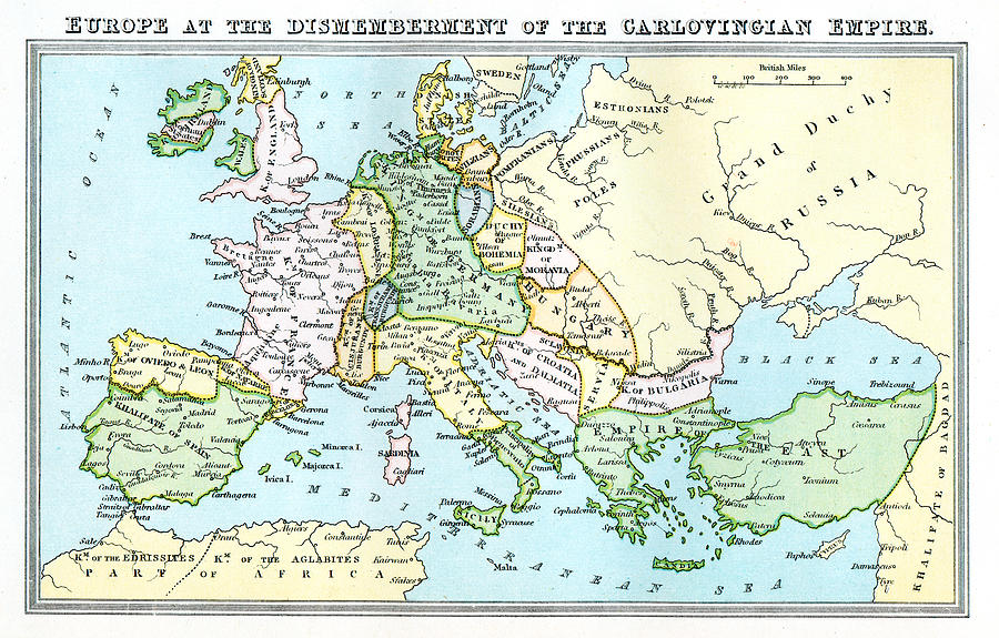 Vintage map 9th century Europe - Carolingian Empire Drawing by Duncan1890