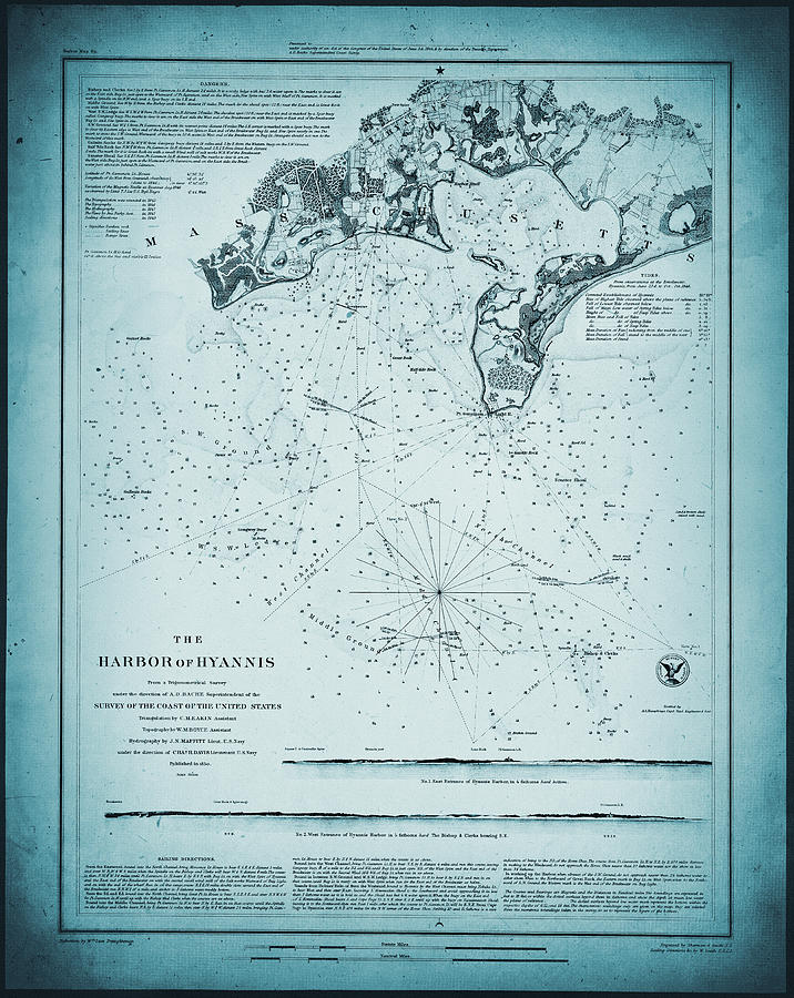 Vintage Map Harbor of Hyannis Cape Cod Massachusetts 1850 Cool Blue Photograph by Carol Japp