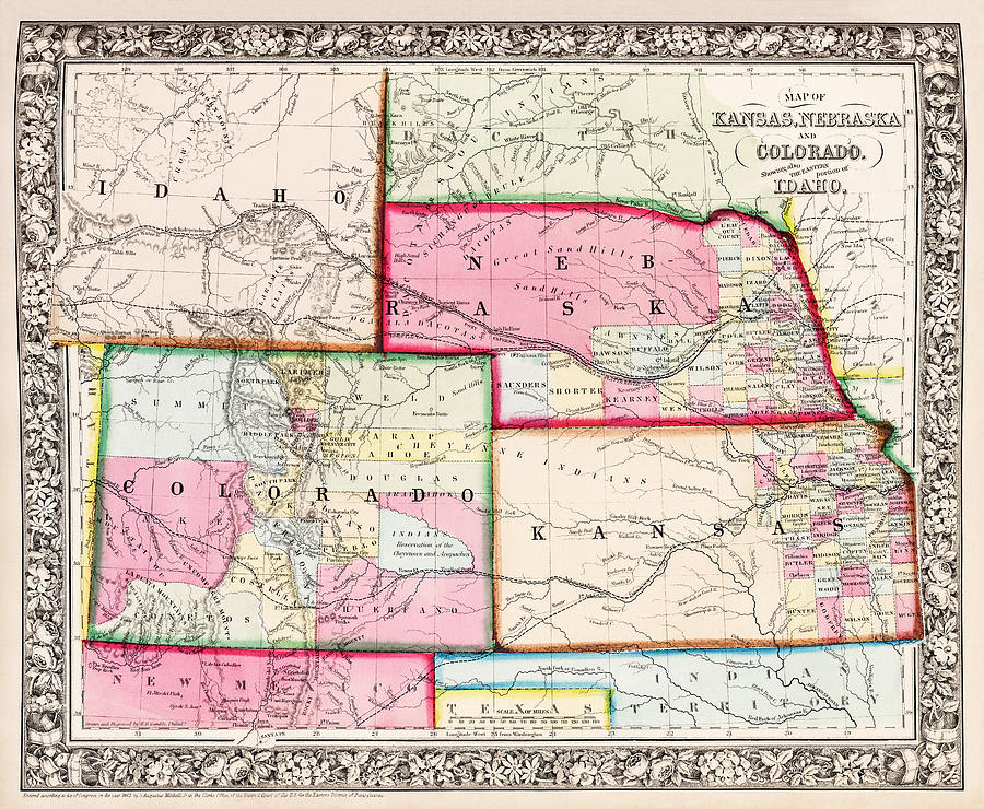 Vintage Map Kansas Nebraska Colorado and Idaho 1861 Photograph by Carol Japp