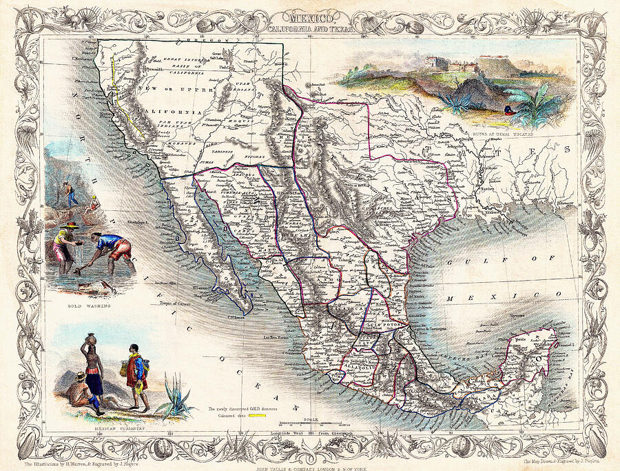 Vintage Map Mexico California And Texas 1851 Drawing By Carol Japp 