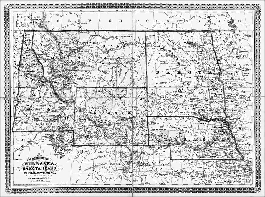 Vintage Map Nebraska Dakota Idaho Montana and Wyoming 1865 Black and White Photograph by Carol Japp