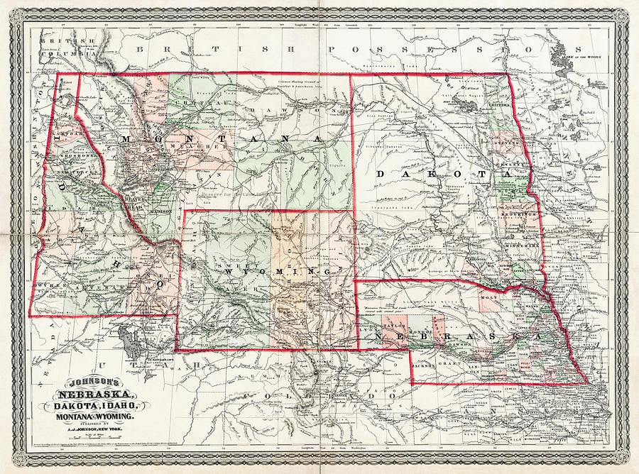 Vintage Map Nebraska Dakota Idaho Montana and Wyoming 1865 Photograph by Carol Japp