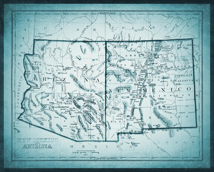Vintage Map New Mexico and Arizona 1875 Cool Blue  Photograph by Carol Japp
