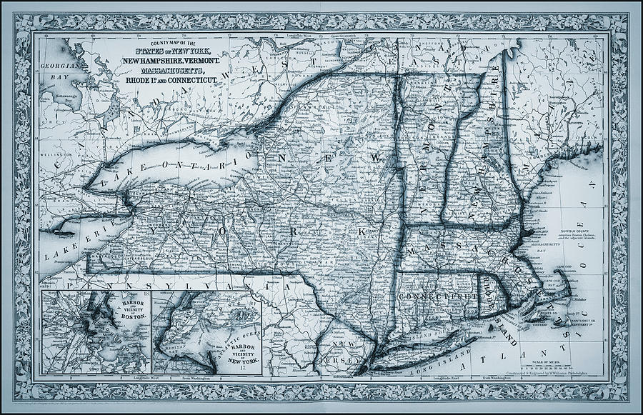 Boston Photograph - Vintage Map New York New Hampshire Vermont Massachusetts Rhode Island Connecticut 1863 Cool Blue  by Carol Japp