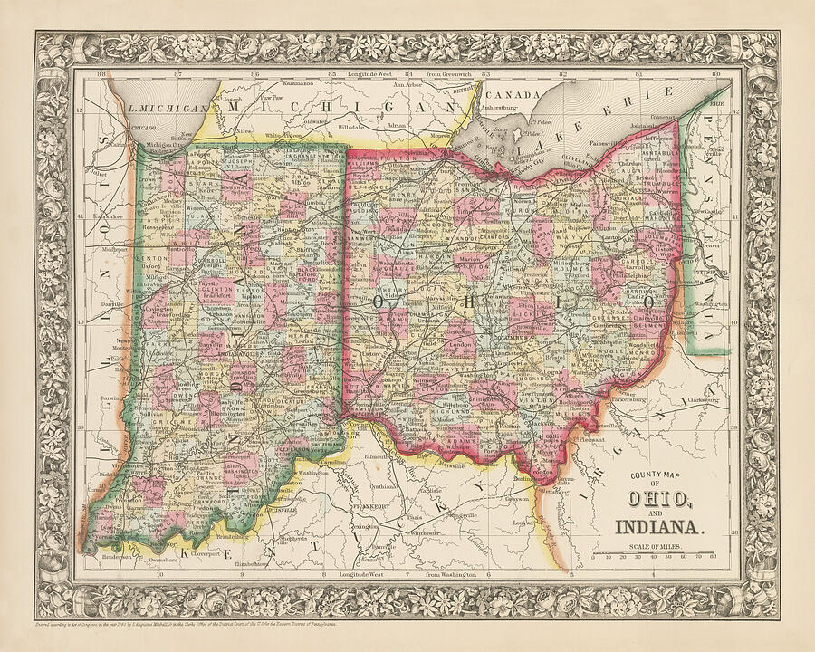 Vintage Map od Ohio and Indiana - 1860 Photograph by Dale Kincaid ...