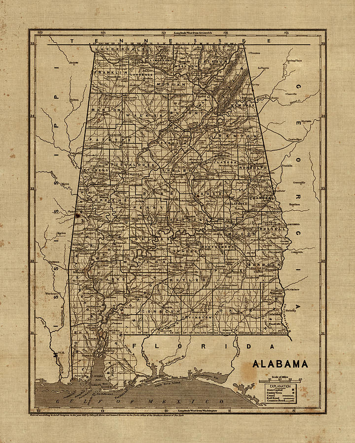 Vintage Map of Alabama, 1840s Drawing by Blue Monocle Fine Art America