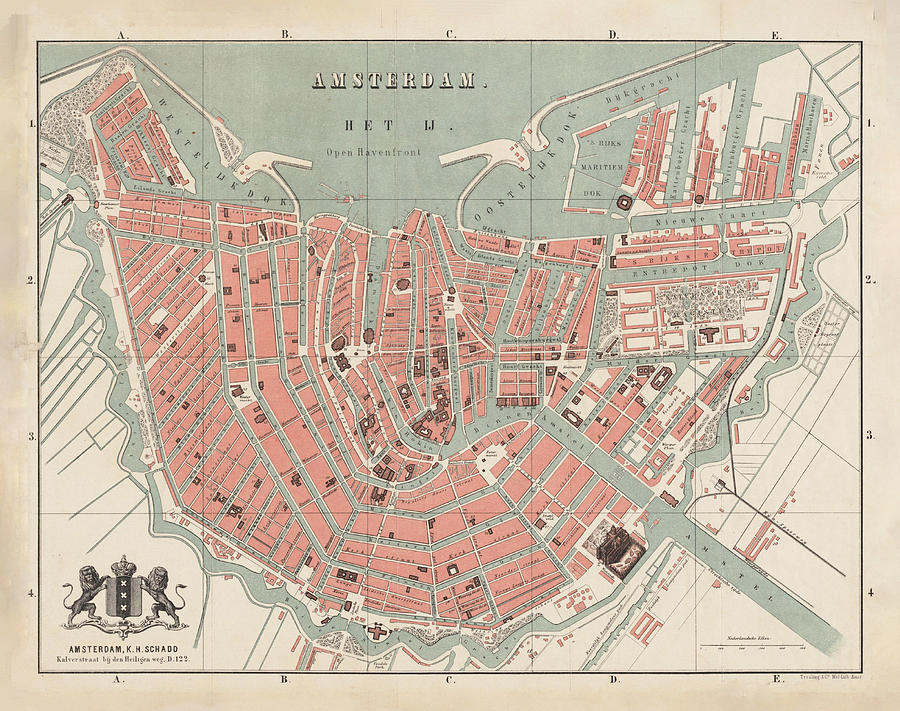 Vintage Map of Amsterdam 1869 Drawing by Adam Shaw