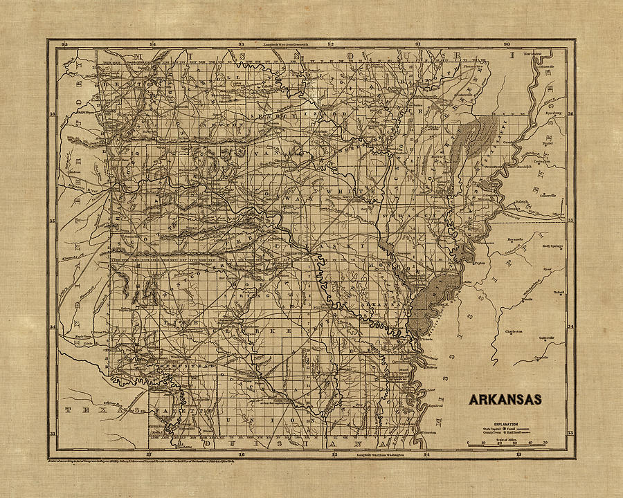 Vintage Map Of Arkansas 1840s Drawing By Blue Monocle Pixels   Vintage Map Of Arkansas 1840s Blue Monocle 