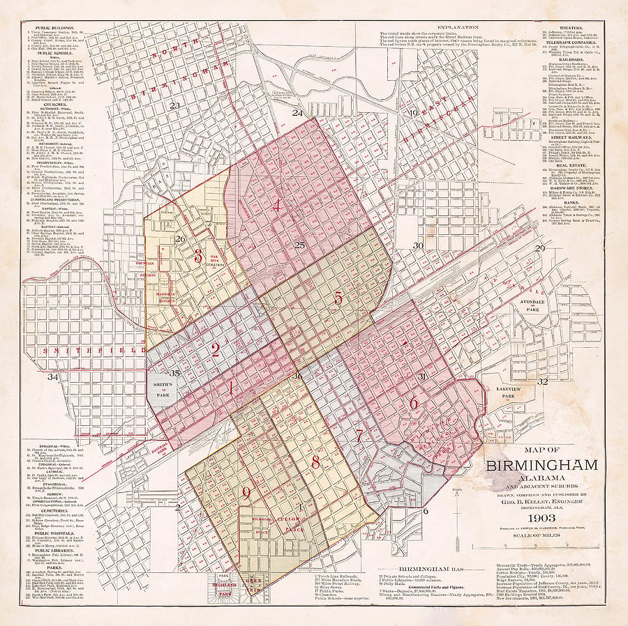 Vintage Map of Birmingham AL 1903 Drawing by Adam Shaw - Fine Art America