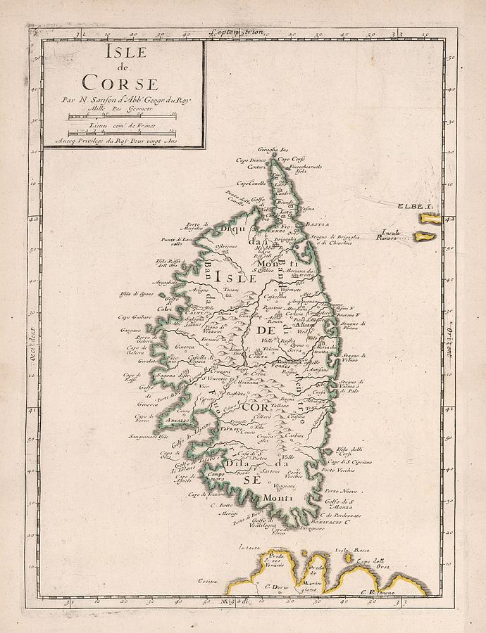 Vintage Map of Corsica France 1697 Drawing by Adam Shaw