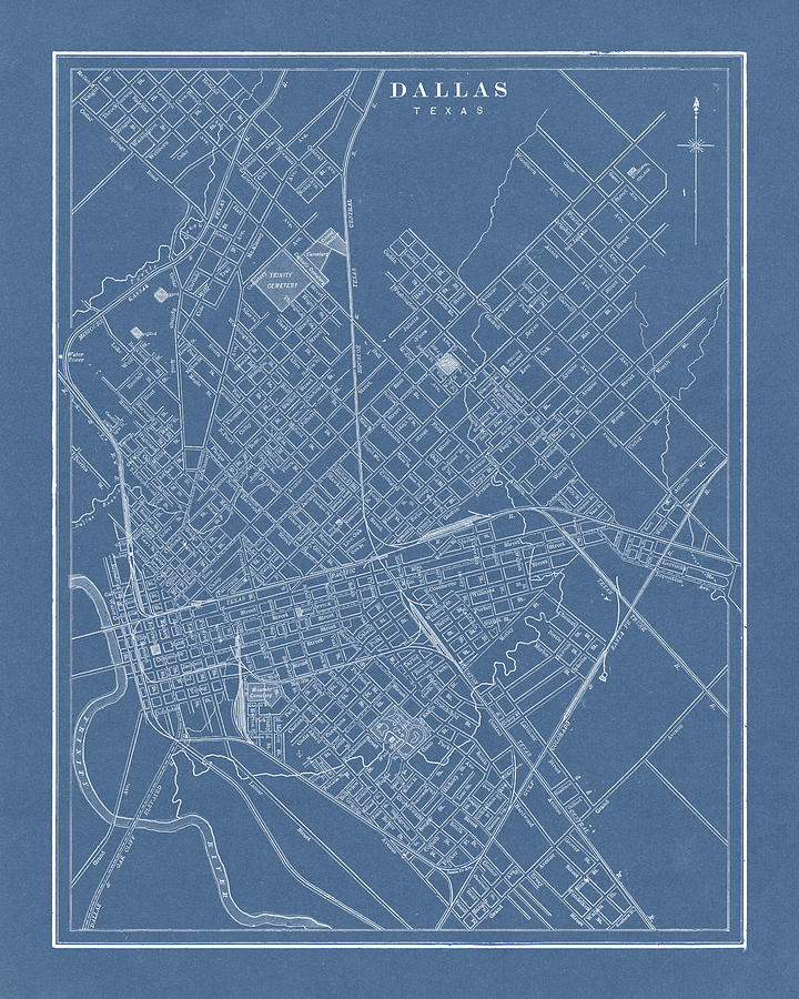 Dallas Drawing - Vintage Map of Dallas, Texas, 1901, Blueprint Style by Blue Monocle