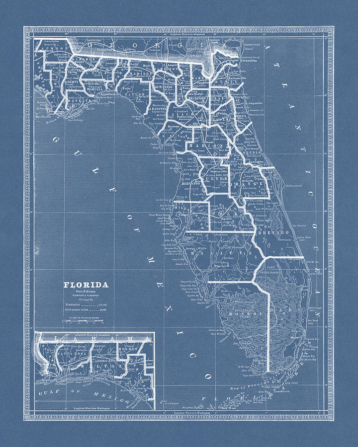 Florida Map Drawing - Vintage Map of Florida, 1880s, Blueprint Style by Blue Monocle