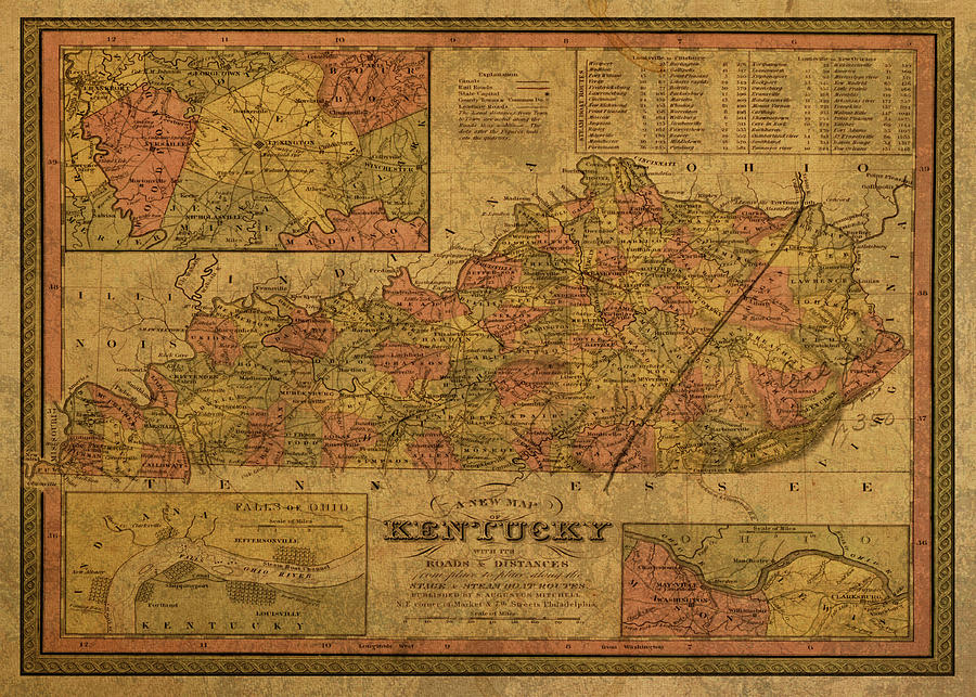 Vintage Map of Kentucky on Worn Distressed Canvas Antique 1849 Mixed ...