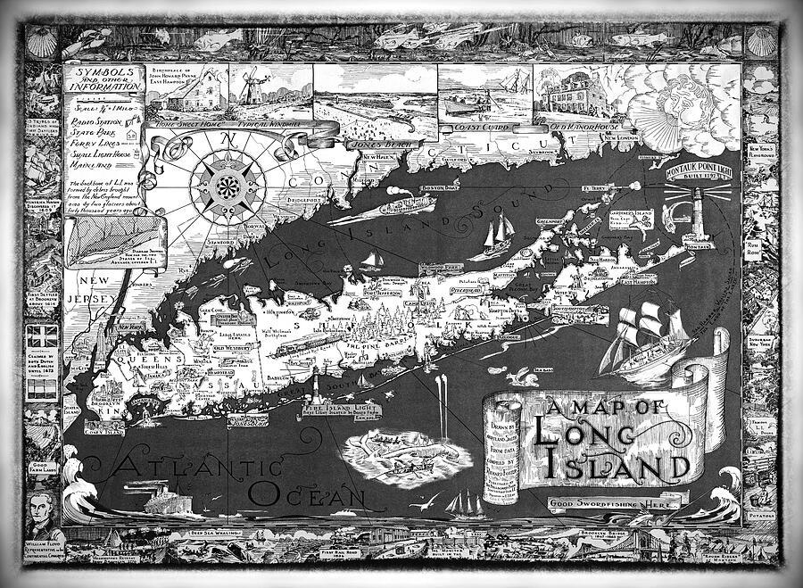 Vintage Map of Long Island New York Black and White  Photograph by Carol Japp