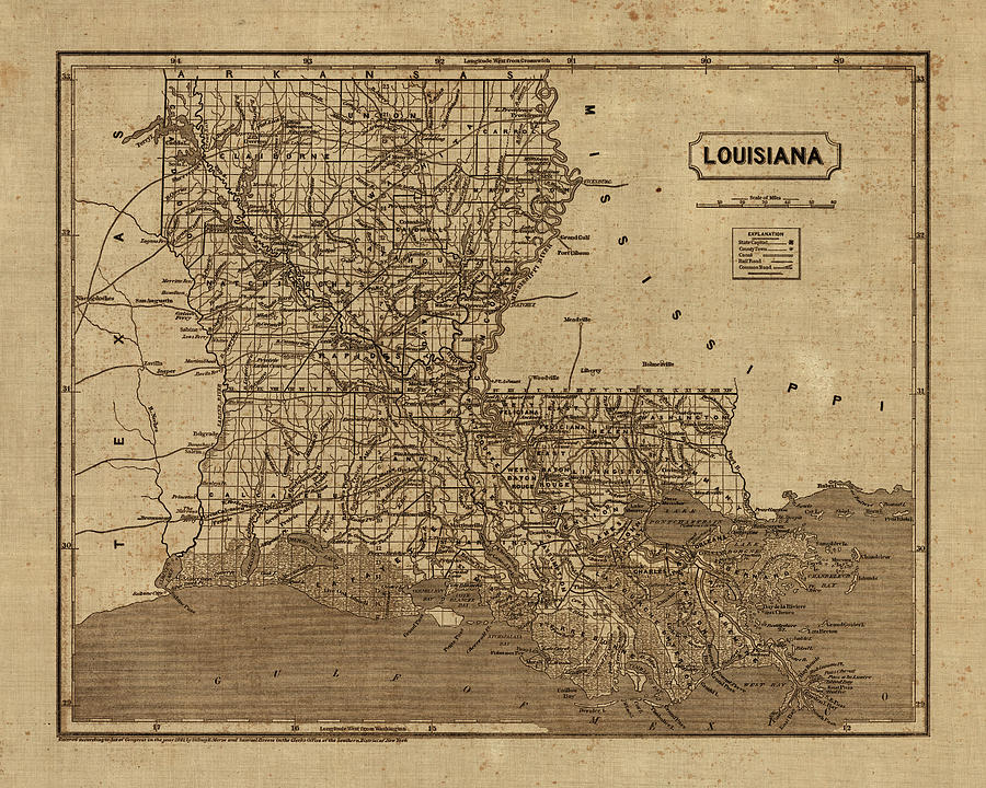 Vintage Map of Louisiana, 1840s Drawing by Blue Monocle | Pixels