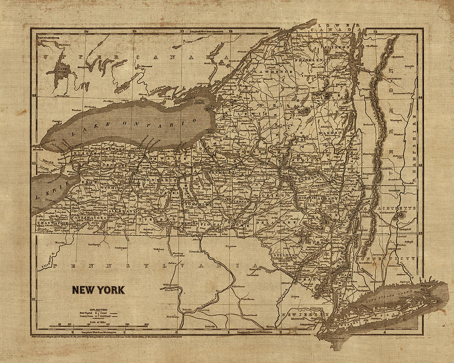 Vintage Map of New York State, 1840s Drawing by Blue Monocle - Fine Art ...