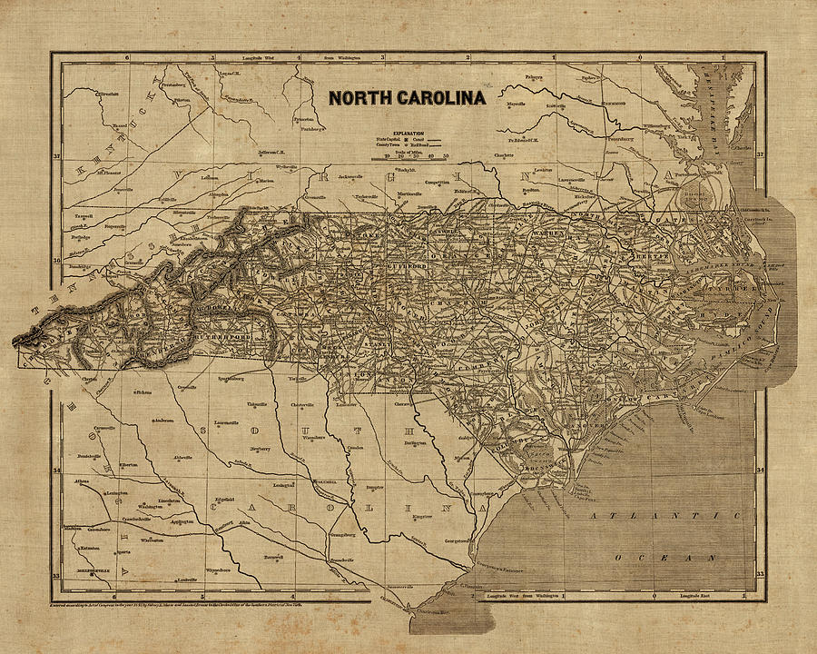 Vintage Map of North Carolina, 1840s Drawing by Blue Monocle
