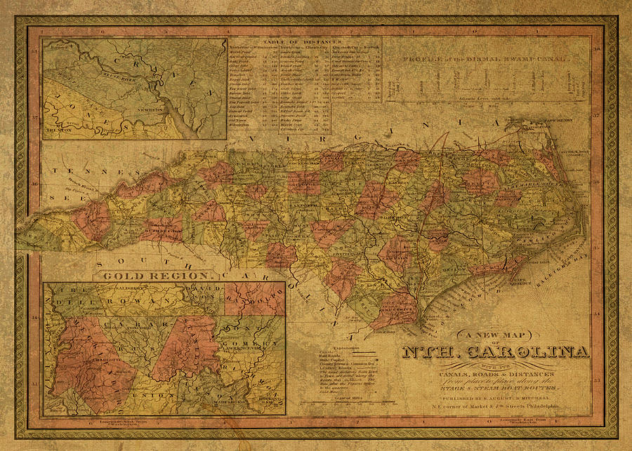 Vintage Mixed Media - Vintage Map of North Carolina on Worn Distressed Canvas Antique 1849 by Design Turnpike