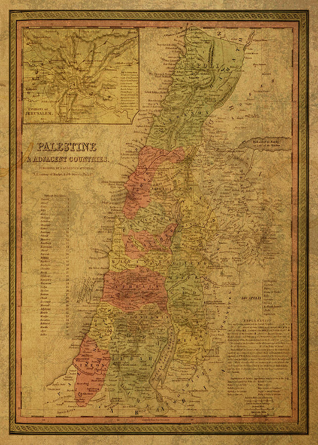 Vintage Map of Palestine on Worn Distressed Canvas Antique 1849 Mixed ...