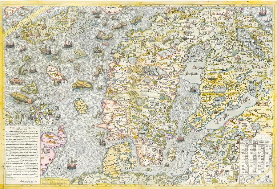 Vintage Map Of Scandinavia With Mythical Painting By Dominic Parker 