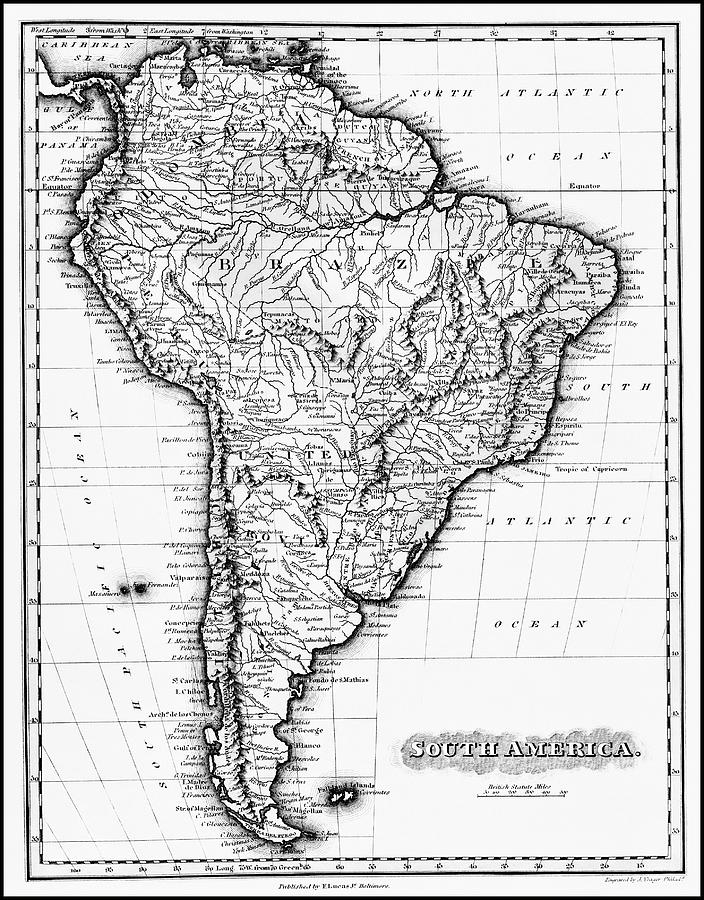 Vintage Photograph - Vintage Map of South America 1823 Black and White  by Carol Japp