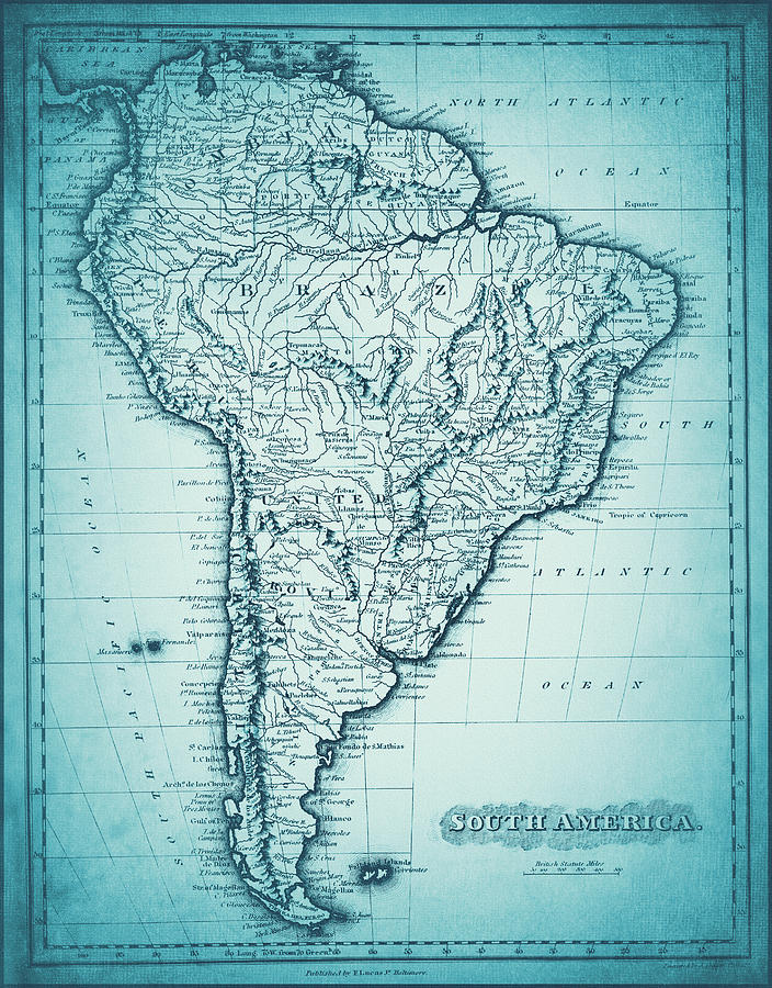 Vintage Photograph - Vintage Map of South America 1823 Ocean Blues  by Carol Japp