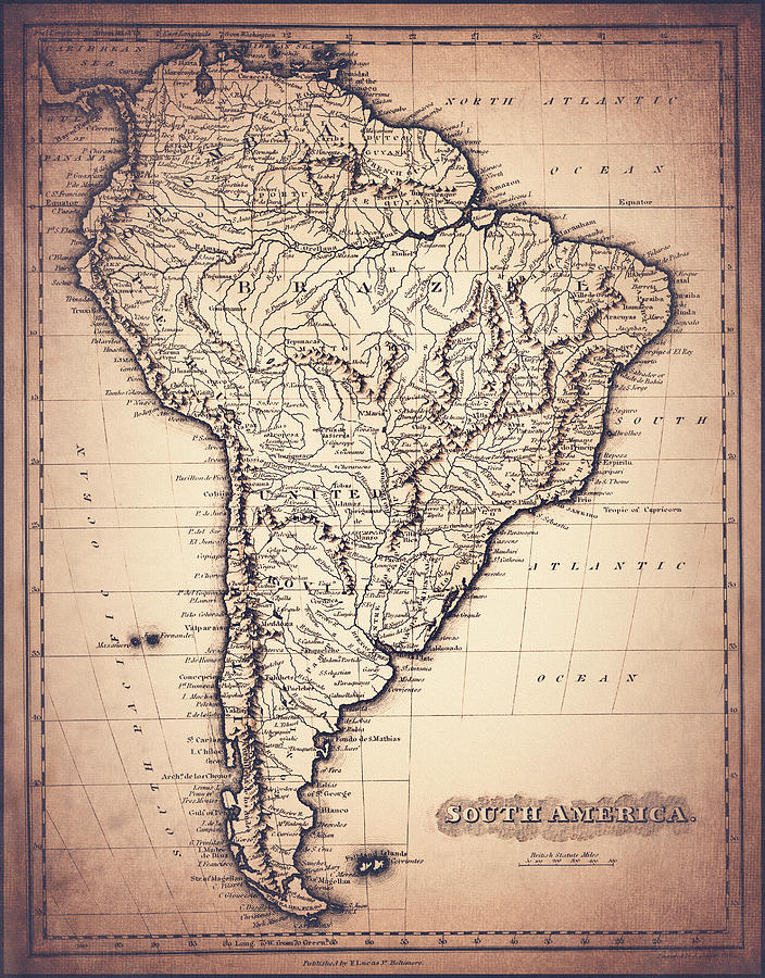 Vintage Photograph - Vintage Map of South America 1823 Sepia  by Carol Japp