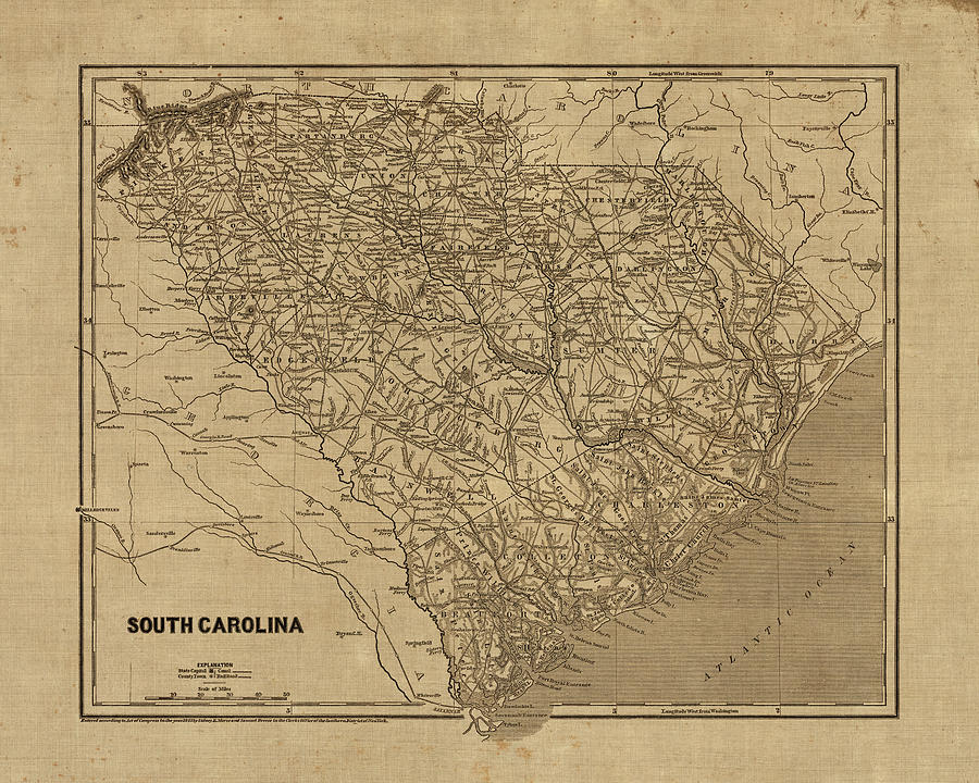 Vintage Map of South Carolina, 1840s Drawing by Blue Monocle | Pixels