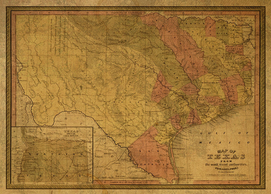 Vintage Map of Texas on Worn Distressed Canvas Antique 1849 Mixed Media ...