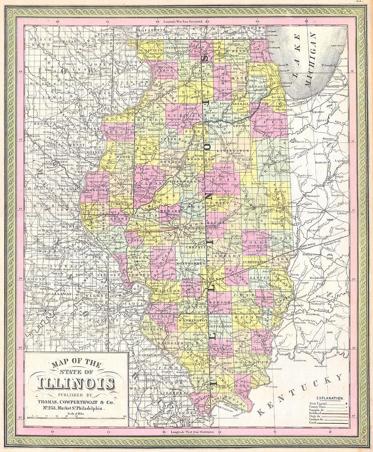 Vintage map of the state of Illinois Drawing by Philip Openshaw Fine