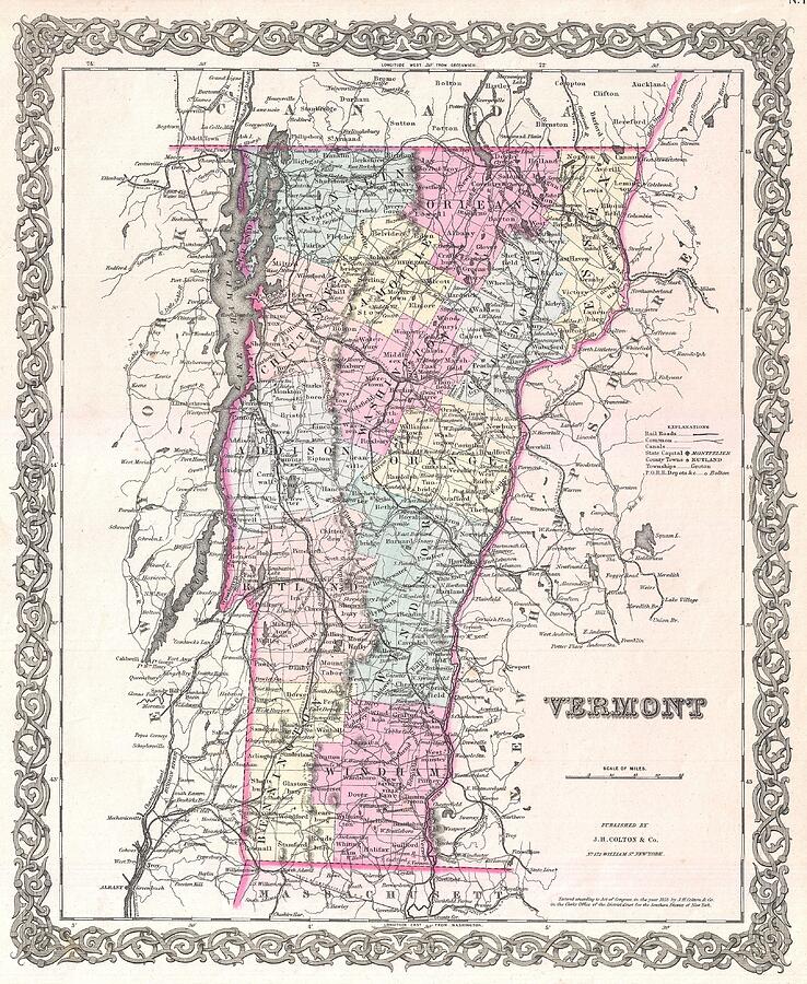 Vintage Map Of Vermont, Colton 1955 Drawing By Linda Howes - Fine Art 