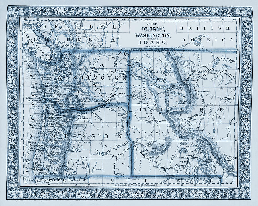 Seattle Photograph - Vintage Map Oregon Washington and Idaho 1863 Blue  by Carol Japp