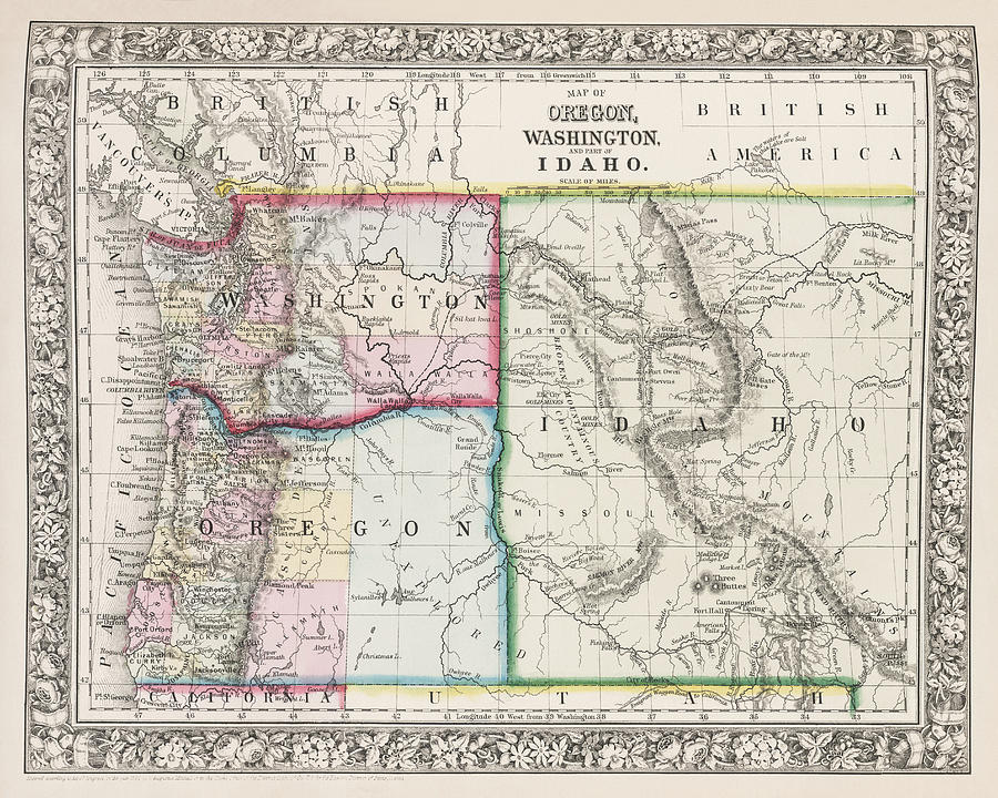 Seattle Photograph - Vintage Map Oregon Washington and Idaho 1863 by Carol Japp