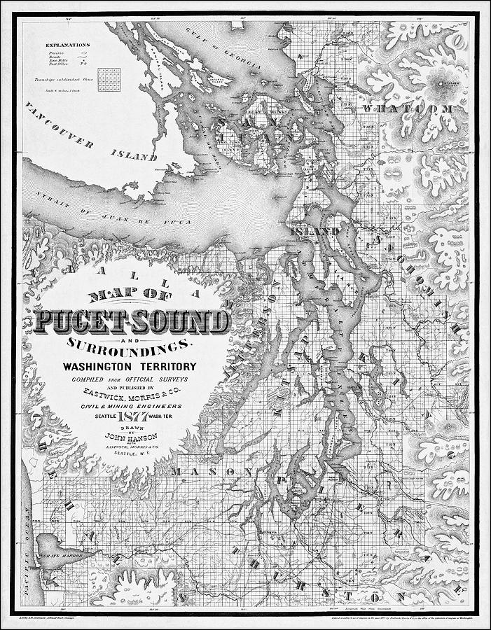 Vintage Map Puget Sound and Surroundings 1877 Black and White ...