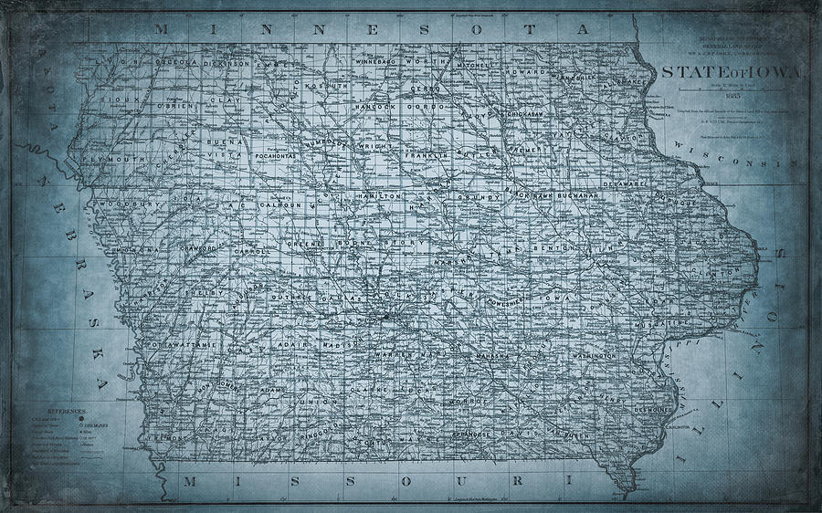 Vintage Map State of Iowa 1885 Cool Blue  Photograph by Carol Japp