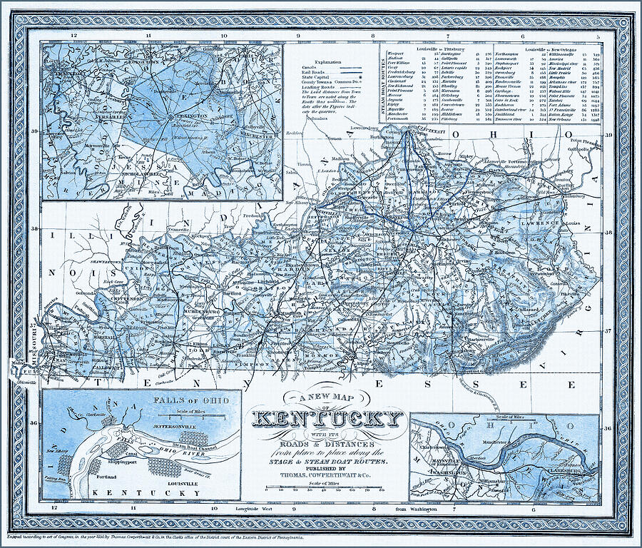 Vintage Map State of Kentucky 1850 Cool Blue Drawing by Carol Japp Vintage Map State of Kentucky 1850 Cool Blue Drawing by Carol Japp
