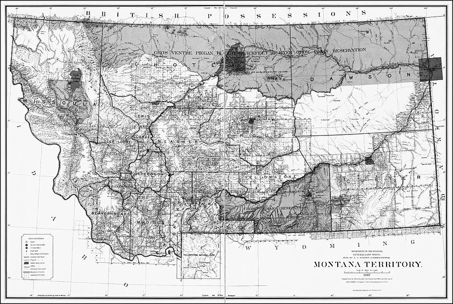 Vintage Map State of Montana 1887 Black and White  Photograph by Carol Japp