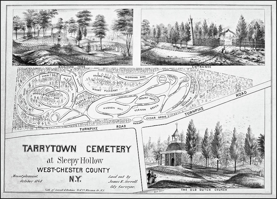 Sleepy Hollow Photograph - Vintage Map Tarrytown Cemetery at Sleepy Hollow 1848 Black and White by Carol Japp