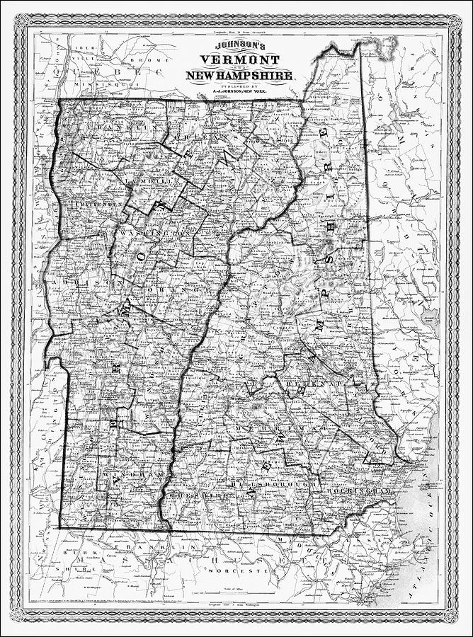 Vintage Map Vermont And New Hampshire 1868 Black And White Carol Japp 