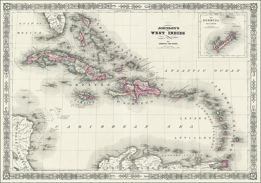 Vintage Map West Indies and Caribbean 1864 Photograph by Carol Japp