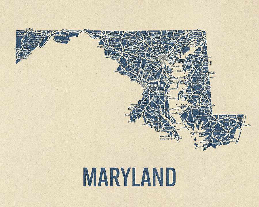 Vintage Maryland Road Map, Blue on Beige #1 Drawing by Blue Monocle