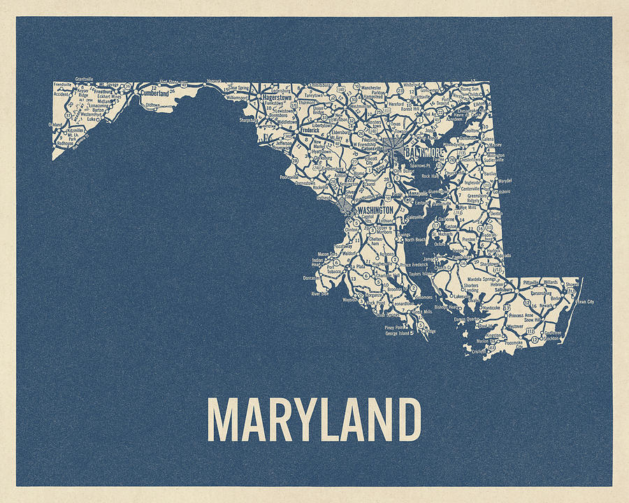 Vintage Maryland Road Map, Blue on Beige #2 Drawing by Blue Monocle