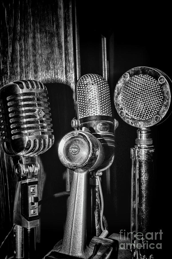 Vintage Microphone Collection in black and white Photograph by Paul Ward