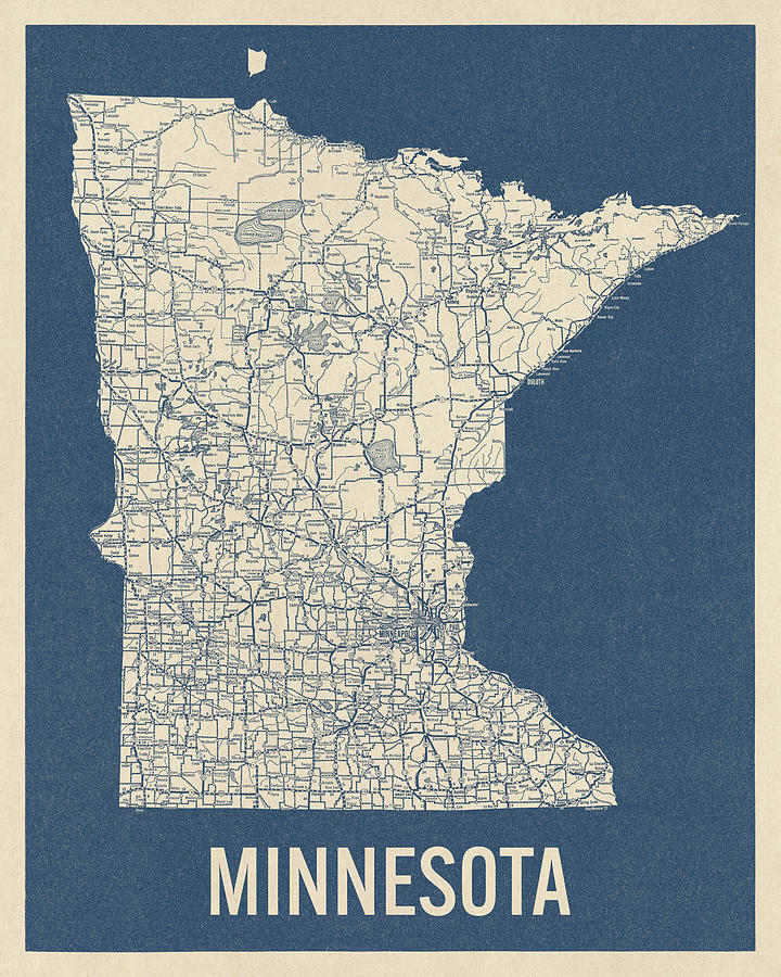 Vintage Minnesota Road Map, Blue on Beige #2 Drawing by Blue Monocle