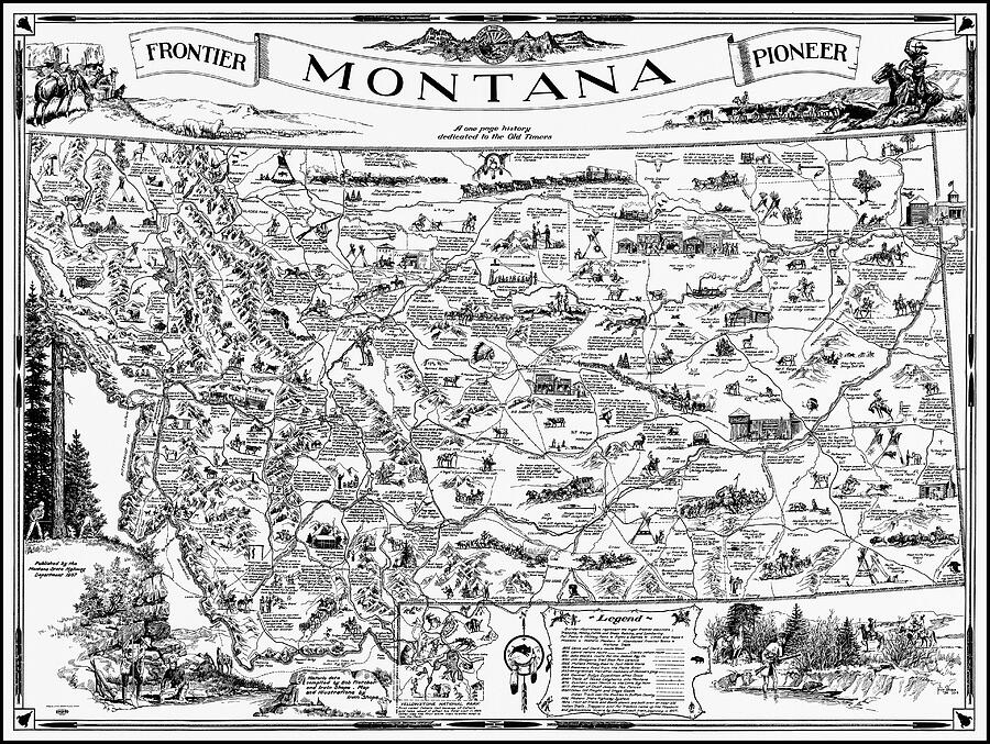Vintage Montana Frontier Pioneer Map 1937 Black and White Photograph by Carol Japp Vintage Montana Frontier Pioneer Map 1937 Black and White Photograph by Carol Japp