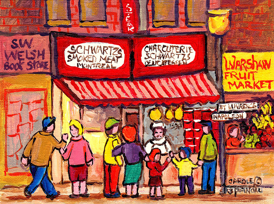 Vintage Montreal Storefront Schwartzs Deli Sw Welsh Books Warshaw Fruits C Spandau Canadian Artist Painting by Carole Spandau